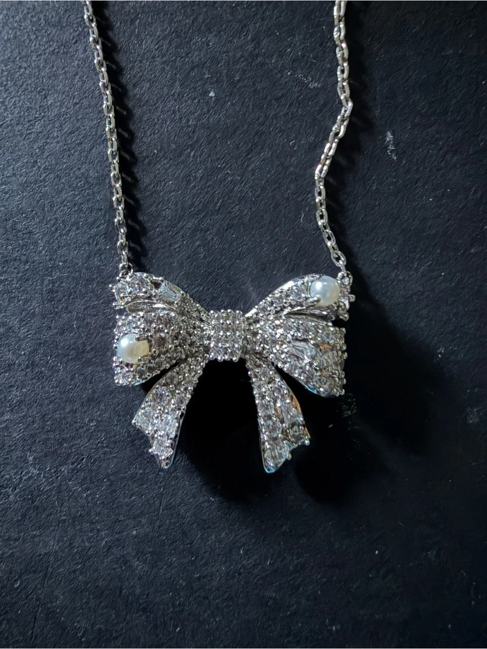 Kendra Scott Silver Crystal Bow Necklace with Pearl Accents